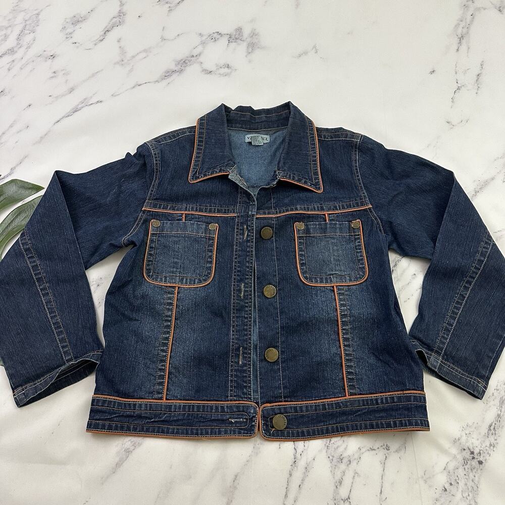 Vezucci Womens Vintage Y2k Jean Jacket Size L Dark Wash Denim Orange Trim